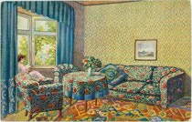 "Türkisches Zimmer". Farbautotypie nach einem Original von R. Schulz aus der Reihe „Alte Meister" Nr. 202; Verlag A.R. & C.i.B. (Arthur Rehn & Co. In Berlin) um 1907.  Inv.-Nr. vu914fat00096