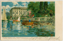 Im Stil des Neobarock errichtetes "Palast Hotel Lido" (heute Hotel "Lido Palace") in Riva (heute: Riva del Garda). Chromolithographie nach Original von M(ichael). Zeno Diemer; Verlag Othmar Zieher, München um 1900.  Inv.-Nr. vu914clg00046