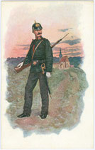 Gendarm der k(aiserlich). k(öniglichen). Gendarmerie in Dienstadjustierung, u.a. bestehend aus Helm, Säbel und Langwaffe. Farbautotypie nach Original eines anonymen Künstlers; Verlag B.K.W.I. (Brüder Kohn Wien 1. Bzk.) um 1900.  Inv.-Nr. vu914fat00122