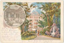 Denkmalsbrunnen für Walther v.d. Vogelweide im Waltherpark und ehem. Gasthof "zum Goldenen Stern" in Innsbruck-St. Nikolaus, Innstraße 35-39. Chromolithographie 10,5 x 14,5 cm; Impressum: K. Redlich, Innsbruck um 1900.  Inv.-Nr. vu105clg00001