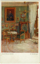 "Johann Strauß Zimmer". Farbautotypie nach einem Original von M(alva). Schalek (1882 Prag - 1944 KZ Auschwitz) aus der Serie "Wiener Kunst". Impressum: B.K.W.I. (Brüder Kohn, Wien I.) um 1910.  Inv.-Nr. vu914fat00115