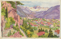 Marktgemeinde Gries (1926 nach Bozen eingemeindet worden), ehem. Bzk. Bozen, Gef. Grafsch. Tirol gegen Rosengarten der Dolomiten von der Erzherzog Heinrich-Promenade aus. Farbautotypie 9 x 14 cm; Josef Marschall (1887-1917) pinx..  Inv.-Nr. vu914fat00164