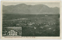 Alpenwirtschaft am Hennersberg südlich über Wörgl, im Sommer Ausflugsgasthof, ehemals Skiabfahrt mit Sprungschanze. Lichtdruck 9 x 14 cm, Impressum: Verlag Rudolf Berger, Photograph in Wörgl um 1910.  Inv.-Nr. vu914ld00062