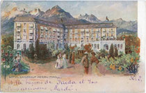 Ehemaliges Hotel (heute Hotelfachschule) „Kaiserhof“, Habsburgerstraße (heute Freiheitsstraße) 155. Farbautotypie 9 x 14 cm nach Original von Artur Nikodem. Impressum: S. Pötzelberger, Meran um 1910.  Inv.Nr. vu914fat00027
