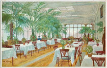 Inneres der Glasveranda vom Hotel „Greif“ am Waltherplatz (Eingang Raingasse). Farbautotypie 9 x 14 cm nach einem Original von W. Volay um 1910.  Inv.-Nr. vu914fat00079