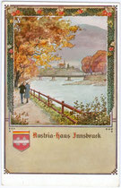 Verbindungshaus der A.V. (Akademische Verbindung) "Austria" in Innsbruck - Innere Stadt, Josef-Hirn-Straße 3. Farbautotypie 9 x 14 cm; Impressum: F. Bruckmann AG, München um 1905 (Couleurkarte).   Inv.-Nr. vu914fat00042