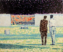 &quot;Zwei Männer eine Öffnung in der Mauer betrachtend&quot;, 2012, Öl auf Leinwand, 130 x 160 cm