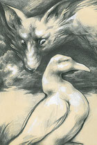 Fox and Goose - graphite and white paint on paper