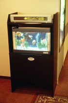 Virtuelles Aquarium in der Hotellobby. Es gibt keine lebenden Fische. Nur einen Bildschirm.