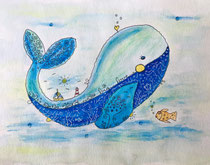 Funny Art, Herz, Aquarell von Ursula Konder, UKo-Art, Blau-Wal
