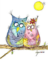Funny Art, Eulenpaar, Aquarell von Ursula Konder, UKo-Art