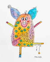Funny Art, Herz, Aquarell von Ursula Konder, UKo-Art, Schweinchen mit Krone