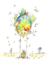 Funny Art, Vogel mit Kücken, Aquarell von Ursula Konder, UKo-Art