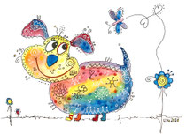 Funny Art, Hund mit Schmetterling 1, Aquarell von Ursula Konder, UKo-Art