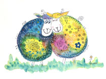 Funny Art, verliebte Schafe, Aquarell von Ursula Konder, UKo-Art