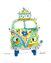 Funny Art, Hippie-Bus, Aquarell von Ursula Konder, UKo-Art