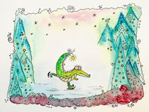 Funny Art, Krokodil auf Schlittschuhen, Aquarell von Ursula Konder, UKo-Art, Krokodil mit Schlittschuhen
