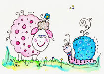 Funny Art, Schaf und Schnecke, Aquarell von Ursula Konder, UKo-Art, Schnecke und Schaf