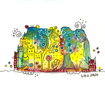 Funny Art, Stadt der Katzen, Aquarell von Ursula Konder, UKo-Art