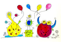 Funny Art, Monster-Party, Aquarell von Ursula Konder, UKo-Art