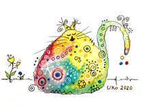 Funny Art, dicke Katze, Aquarell von Ursula Konder, UKo-Art