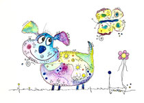 Funny Art, Hund mit Schmetterling 1, Aquarell von Ursula Konder, UKo-Art