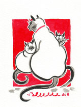 Mère chatte et chatons, fond rouge,  - réf CHA002