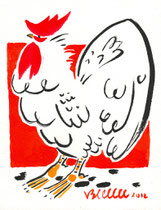 Coq blanc, fond rouge :ORIGINAL DISPONIBLEl  24X30cm - Réf COQ004