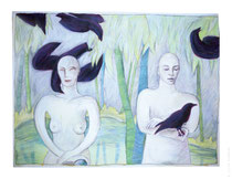 © LillaHangay, Raven's Kiss, 1999, acrylic, graphite and oil pastel crayons on canvas, ca 45 x 60"