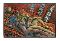 © LillaHangay, Couple on couch, 1996, graphite and oil pastel crayons on paper, ca 28 x 44"