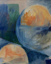 182  //  "Global" (blau mir orangenen Kreisen, Trier)  //  1998  //  Acryl auf Baumwolle