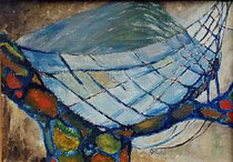 51  //  "Ballancierte Form", hellblau-rot  //  1965  //  Öl auf Hartfaser  //  21x30cm