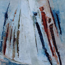 346  //  "Zwei Figurengruppen blau-rot mit senkrechten Schlitzen"  //  2005  //  Öl auf Holz  //  30x30cm