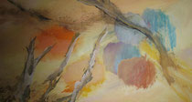 421  //  "Geäst auf Gelb mit orange und blau-türkisen Monden"  //  Acryl  //  60x120cm