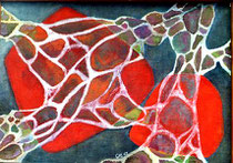 46  //  "Zwei rote Formen hinter Netzgebilden"  //  1965  //  Öl auf Hartfaser  //  21x30cm