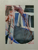 159  //  "Schablonenformen blau mit rötlicher gespritzter Bewegung" (Invention I)  //  1996  //  Aquarell  //  95,75cm
