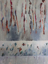 444  //  "Schichten"  (viele schmale Teile baumeln in oberster Schicht)  //  2014  //  Acryl  //  80x60cm