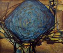 156  //  "Blaue Form im Gitternetz gehalten" (Kristall)  //  1963  //  1963  //  Öl auf Jute  //  50x60cm
