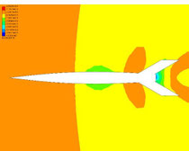 Density, Mach 1.0--color contours adjusted to sharpen different shock waves