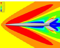 Density, Mach 2.41--color contours modified to see detail in shock waves