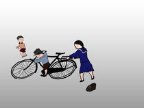 14/06　子供用自転車は滅多に見かけない時代。足の届かぬ大人用でも横乗りで。