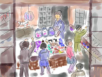 16/11　手宮坂の中ほどの一銭店は子供のお客で賑わっていました。　