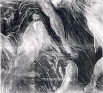 Jacopo Tintoretto idem, Radiographie linke untere Ecke mit Pentimenti