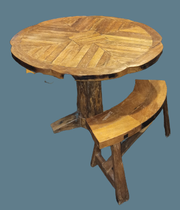 Mesa circular madera de teca con 4 bancos. 74 alto x 105 diámetro
