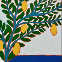 Gordon Hopkins, peinture à l’huile sur toile représentant une branche stylisée aux feuilles vertes et citrons jaunes sur fond clair, art contemporain – Galerie Gabel, Biot