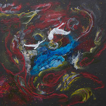 SCHWÄNE AUF DEM FLUG IN DIE UNENDLICHKEIT  -  100x100 cm, Pigmente und Acryl auf Leinwand