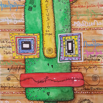 "Cactus"  sur papier aquarelle (300g grain fin sur format 21x29,7 cm) - Série Totem Malagarty