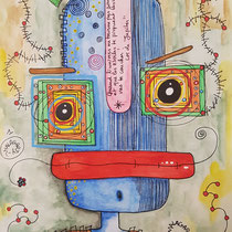 "Quand l'univers ne tourne pas rond"  sur papier aquarelle  (300g grain fin sur format 21x29,7 cm) - Série Totem Malagarty