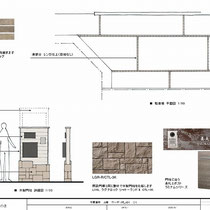 施工提案書。既存門柱をコンパクトにし石を貼る案と、駐車場溝にレンガを埋め込む仕事です。