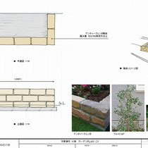 提案資料。レンガで囲ったステップと、フェイジョア、シャリンバイの植込みをします。